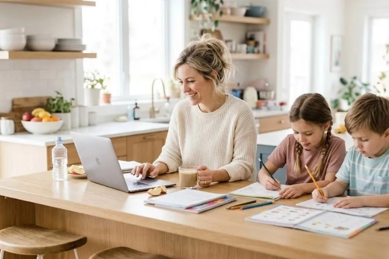 Busy mom with two children, completing a surrogate application at home while exploring how to become a surrogate.